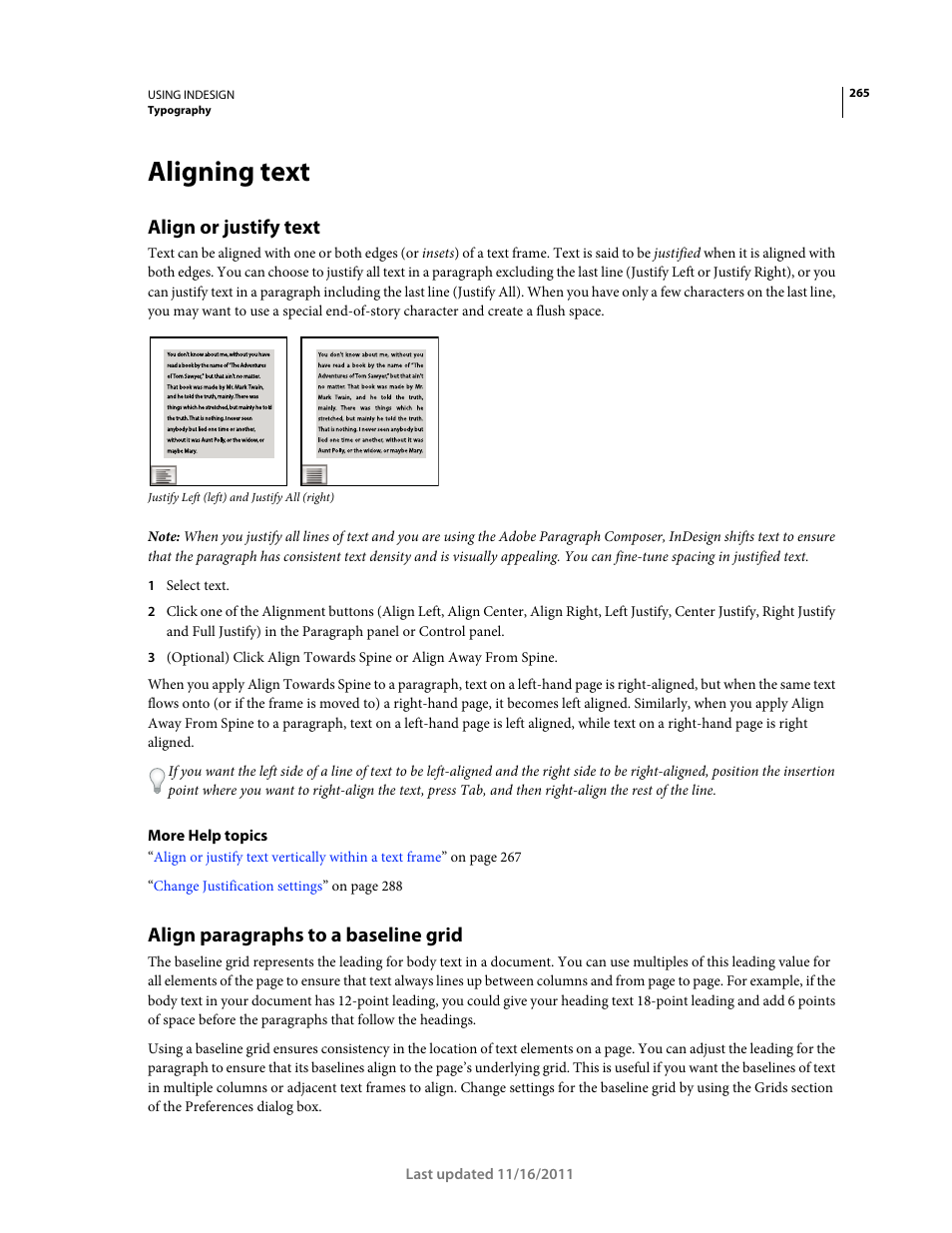 Aligning text, Align or justify text, Align paragraphs to a baseline grid | Adobe InDesign CS5 User Manual | Page 271 / 710