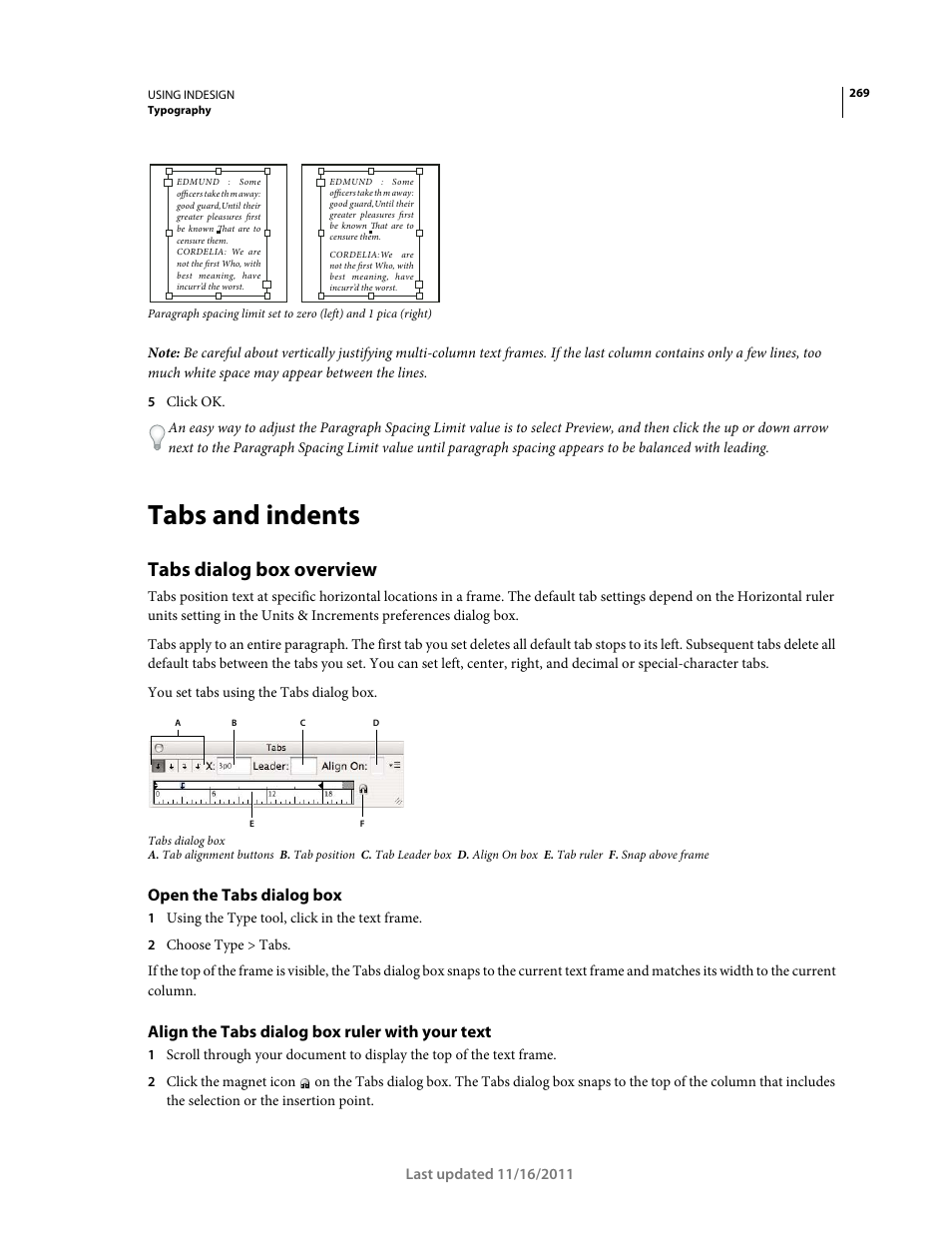 Tabs and indents, Tabs dialog box overview, Open the tabs dialog box | Align the tabs dialog box ruler with your text | Adobe InDesign CS5 User Manual | Page 275 / 710