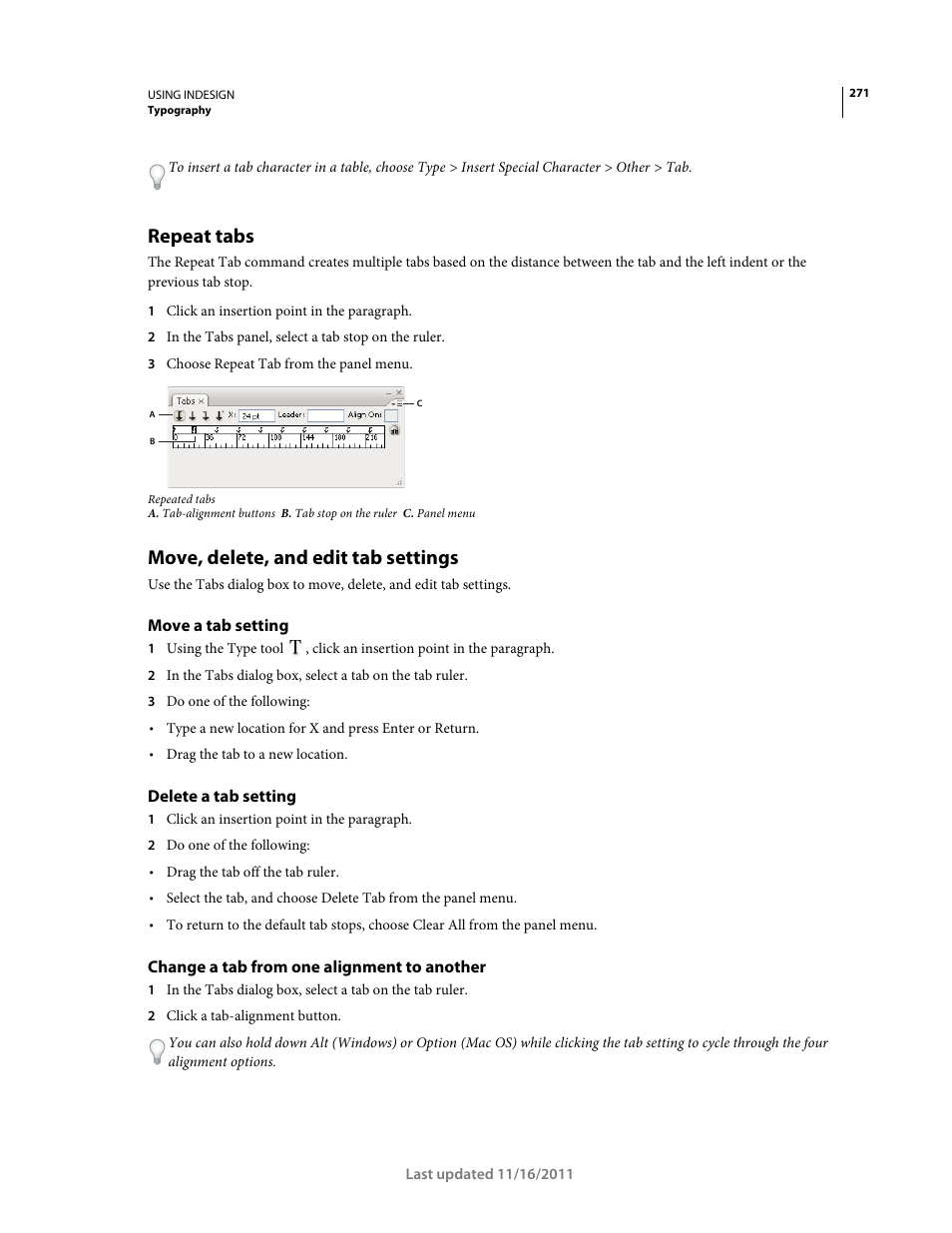 Repeat tabs, Move, delete, and edit tab settings, Move a tab setting | Delete a tab setting, Change a tab from one alignment to another | Adobe InDesign CS5 User Manual | Page 277 / 710