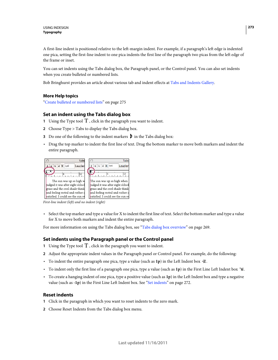 Set an indent using the tabs dialog box, Reset indents | Adobe InDesign CS5 User Manual | Page 279 / 710