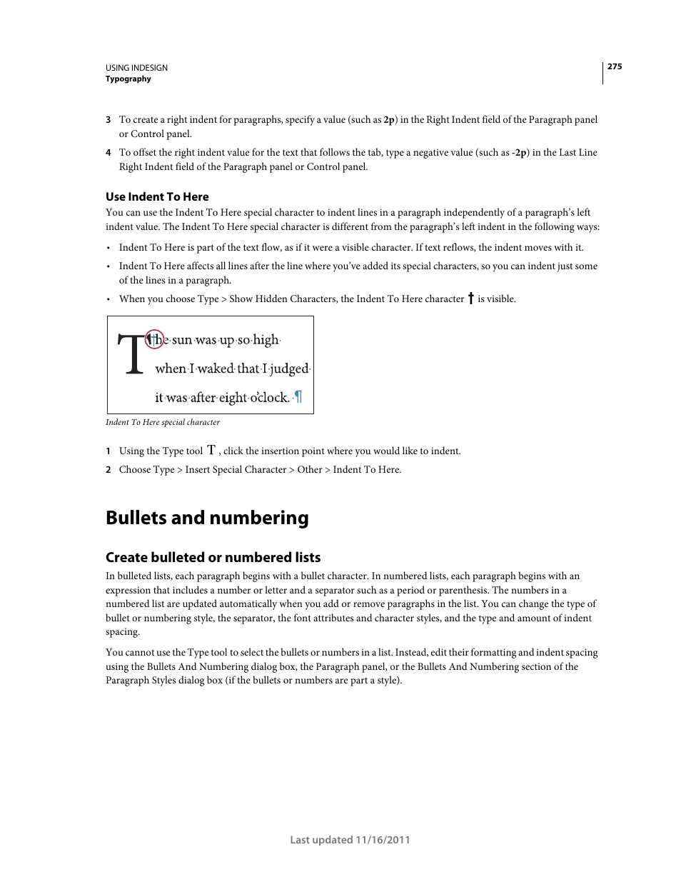 Use indent to here, Bullets and numbering, Create bulleted or numbered lists | Adobe InDesign CS5 User Manual | Page 281 / 710