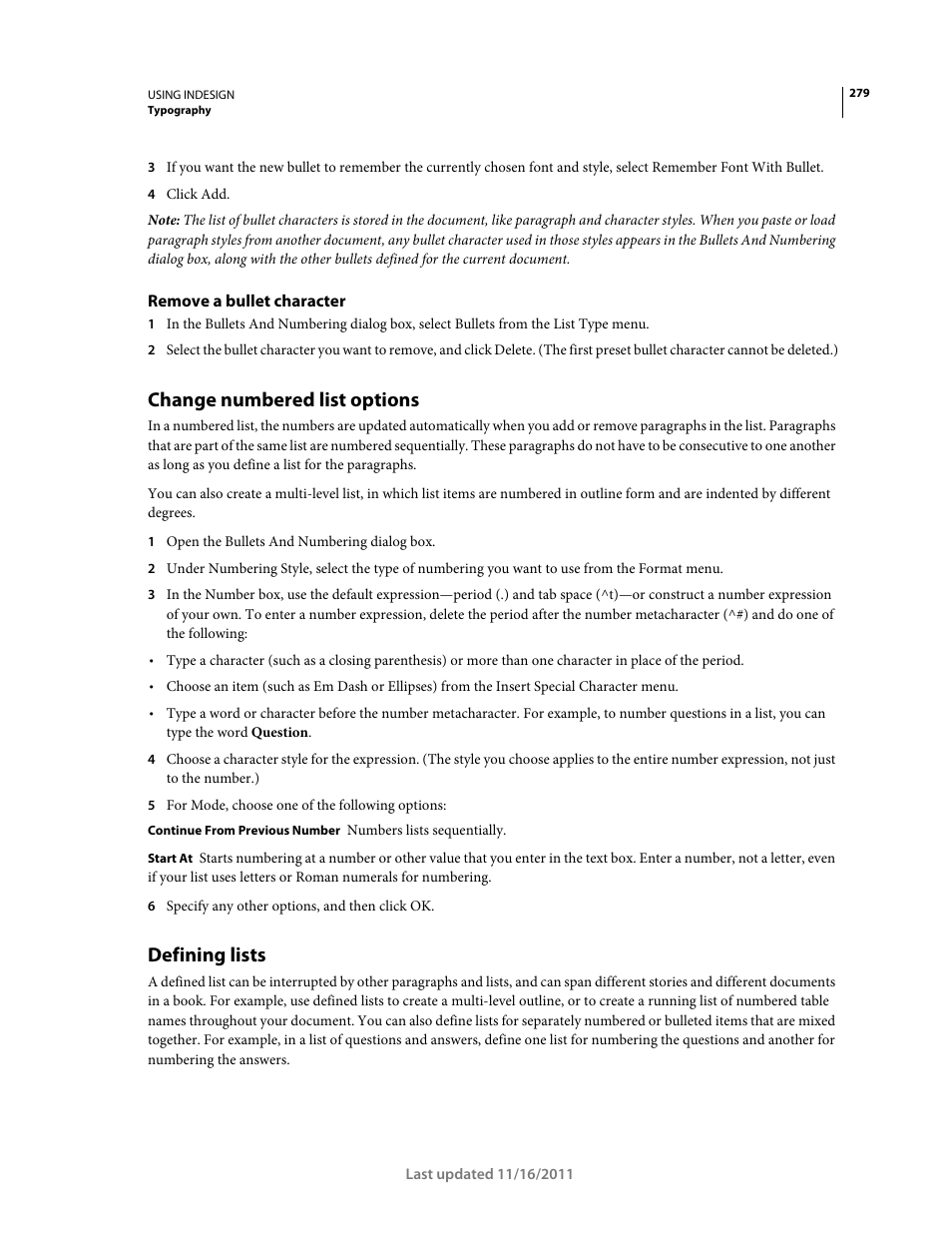 Remove a bullet character, Change numbered list options, Defining lists | Adobe InDesign CS5 User Manual | Page 285 / 710