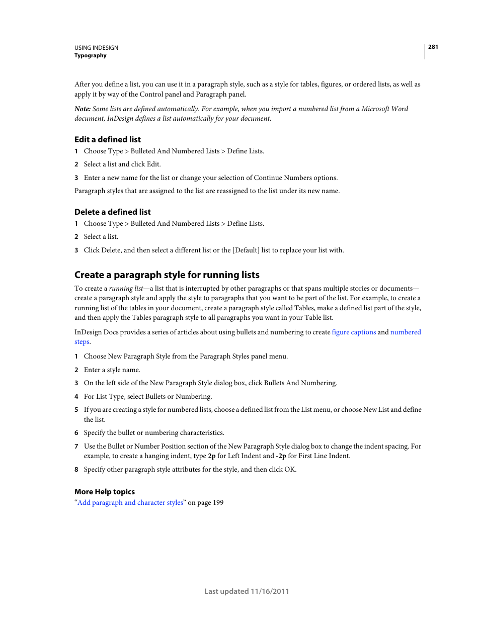 Edit a defined list, Delete a defined list, Create a paragraph style for running lists | Adobe InDesign CS5 User Manual | Page 287 / 710