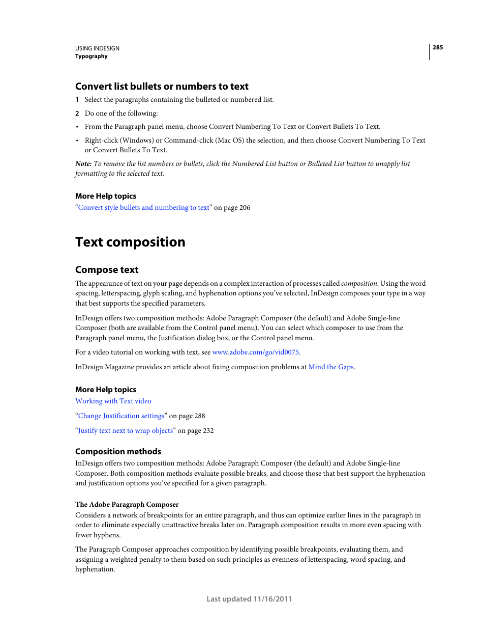 Convert list bullets or numbers to text, Text composition, Compose text | Composition methods | Adobe InDesign CS5 User Manual | Page 291 / 710