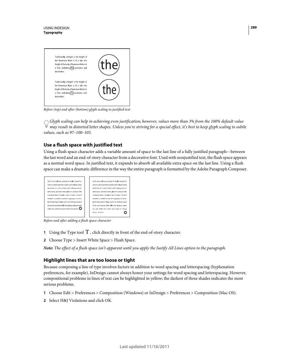 Use a flush space with justified text, Highlight lines that are too loose or tight | Adobe InDesign CS5 User Manual | Page 295 / 710