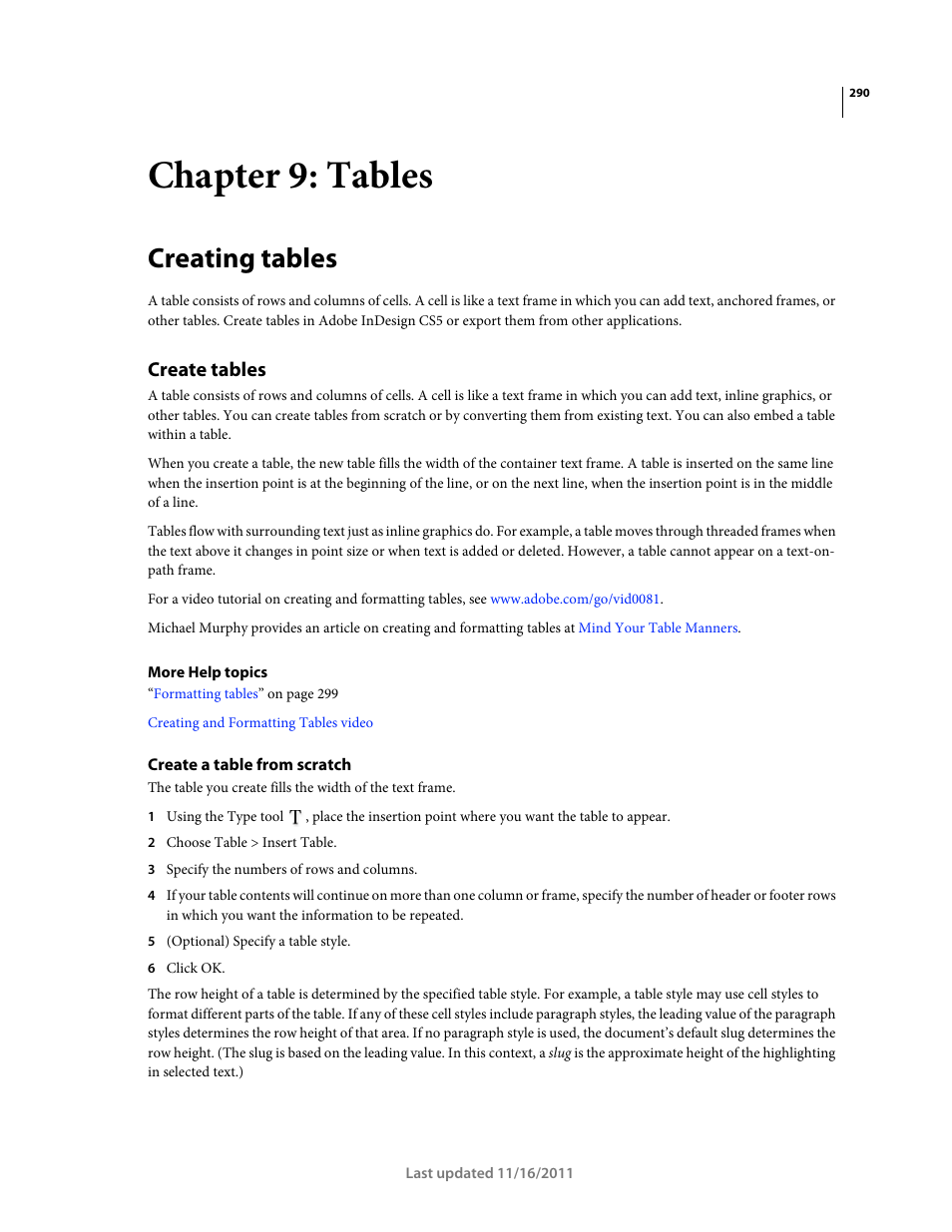 Chapter 9: tables, Creating tables, Create tables | Create a table from scratch | Adobe InDesign CS5 User Manual | Page 296 / 710