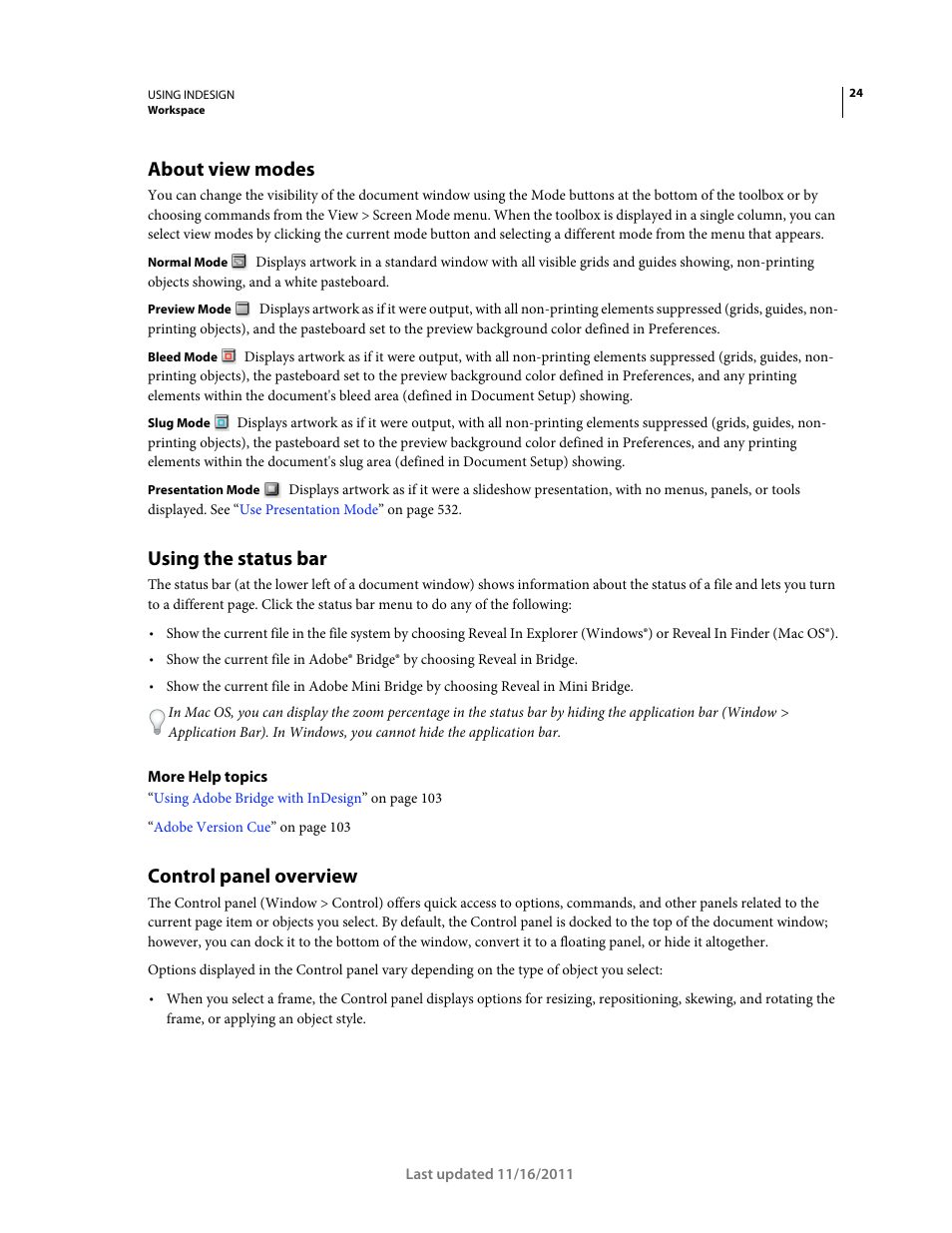 About view modes, Using the status bar, Control panel overview | Adobe InDesign CS5 User Manual | Page 30 / 710