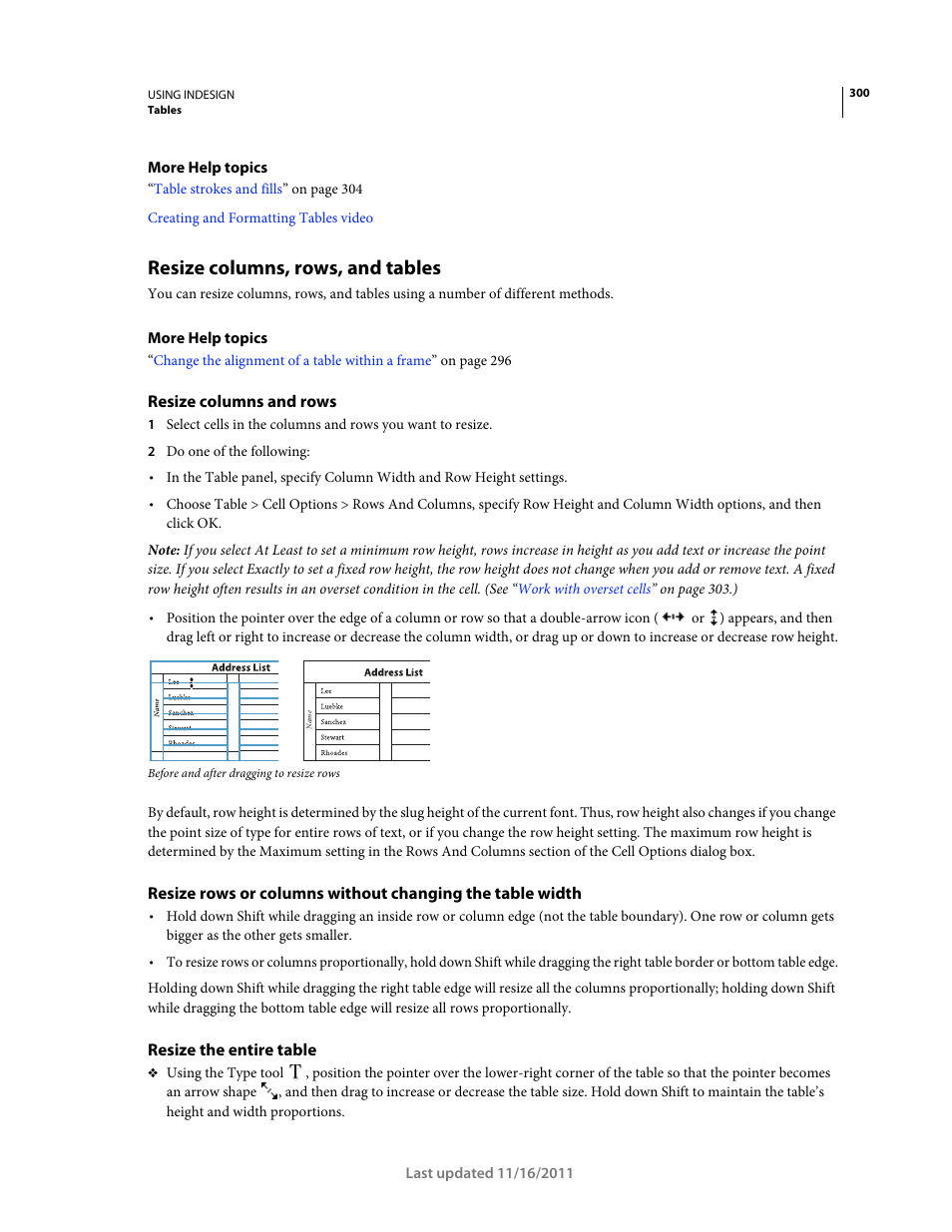 Resize columns, rows, and tables, Resize columns and rows, Resize the entire table | Adobe InDesign CS5 User Manual | Page 306 / 710