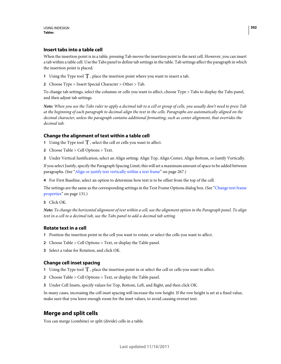 Insert tabs into a table cell, Change the alignment of text within a table cell, Rotate text in a cell | Change cell inset spacing, Merge and split cells | Adobe InDesign CS5 User Manual | Page 308 / 710