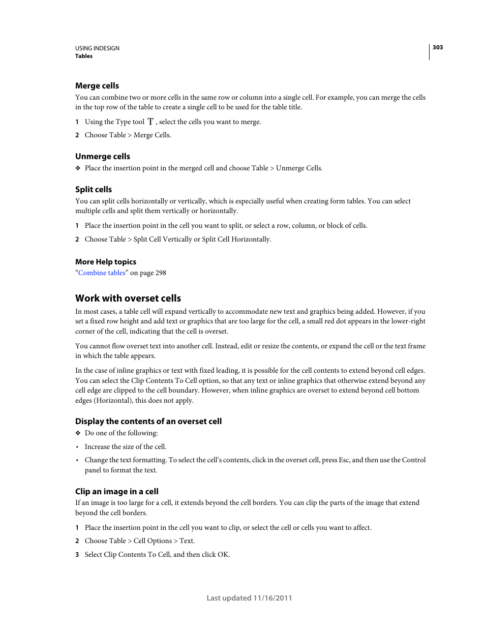 Merge cells, Unmerge cells, Split cells | Work with overset cells, Display the contents of an overset cell, Clip an image in a cell | Adobe InDesign CS5 User Manual | Page 309 / 710