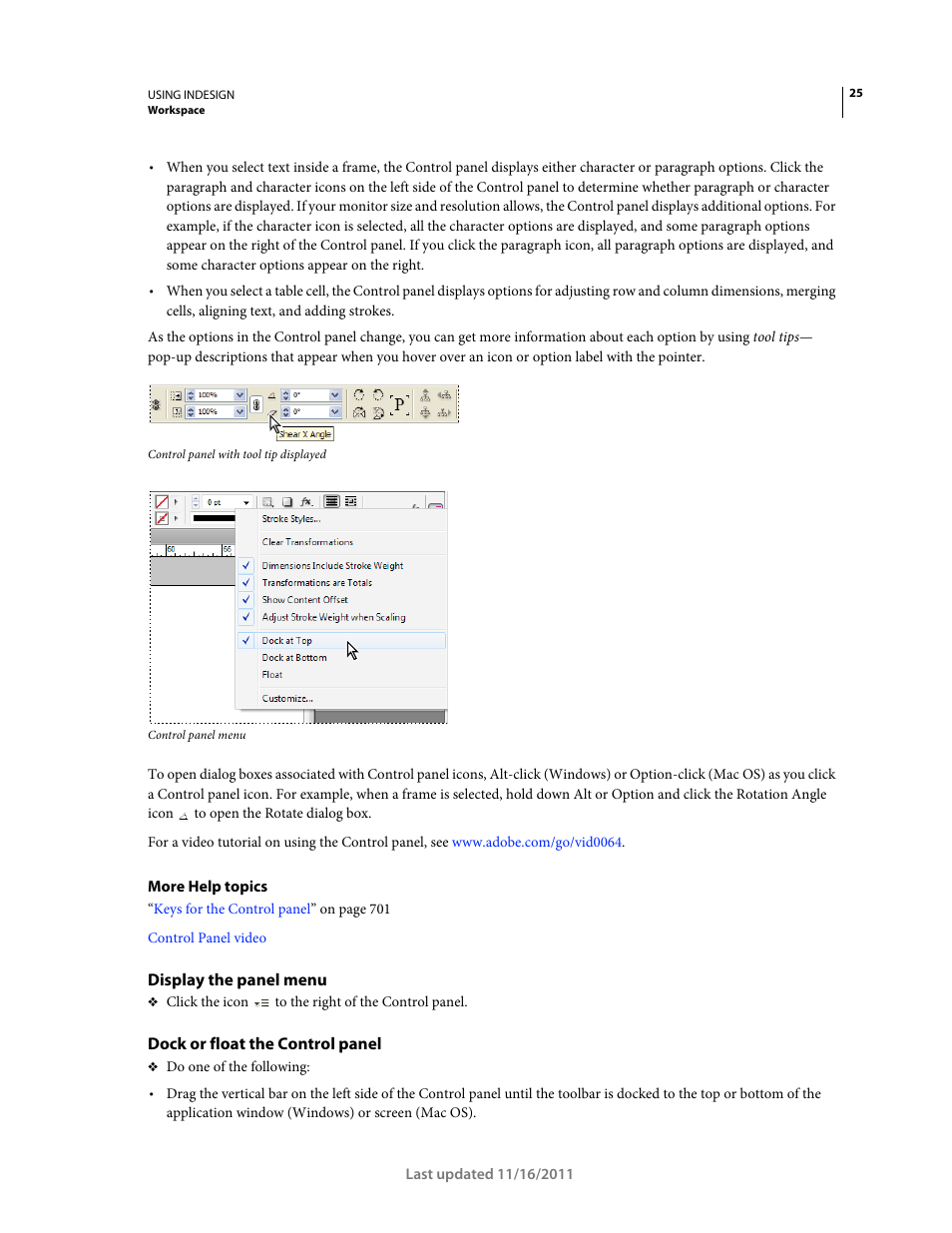 Display the panel menu, Dock or float the control panel | Adobe InDesign CS5 User Manual | Page 31 / 710