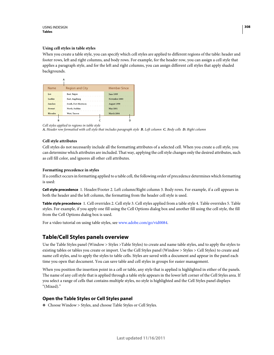 Table/cell styles panels overview, Open the table styles or cell styles panel | Adobe InDesign CS5 User Manual | Page 314 / 710