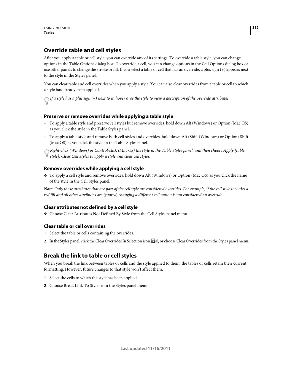 Override table and cell styles, Remove overrides while applying a cell style, Clear attributes not defined by a cell style | Clear table or cell overrides, Break the link to table or cell styles | Adobe InDesign CS5 User Manual | Page 318 / 710