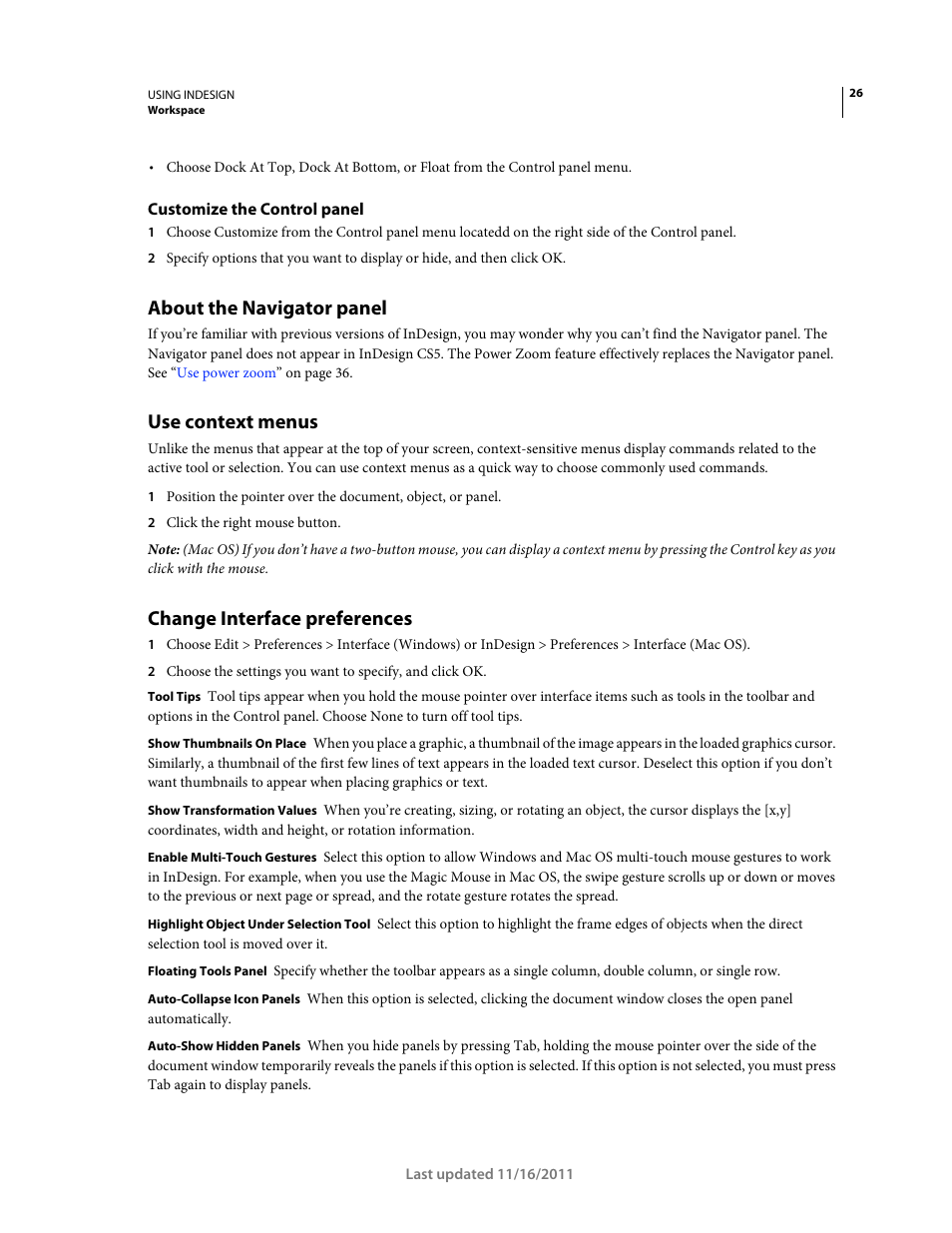 Customize the control panel, About the navigator panel, Use context menus | Change interface preferences, Preferences to use the previous behavior. see | Adobe InDesign CS5 User Manual | Page 32 / 710