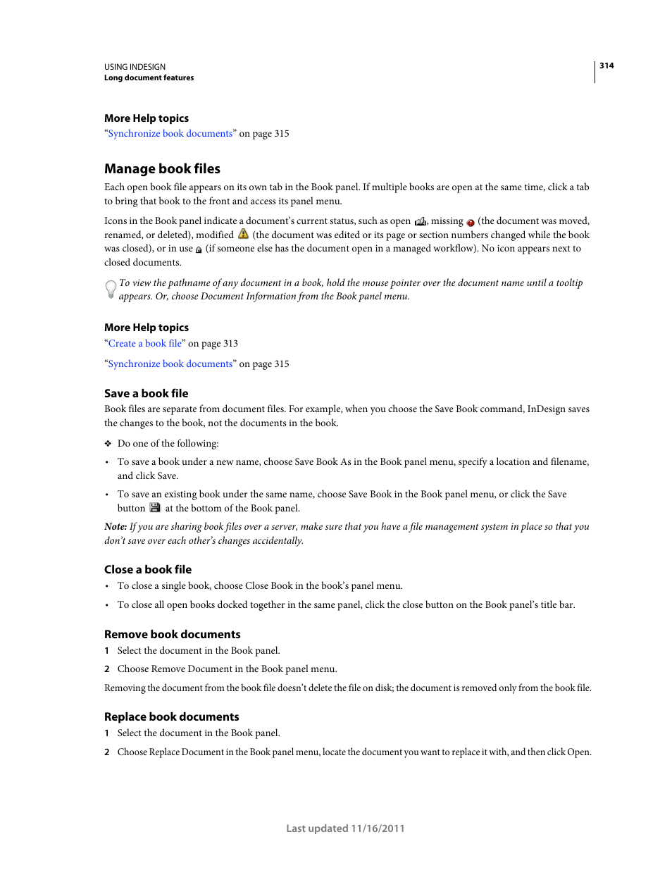 Manage book files, Save a book file, Close a book file | Remove book documents, Replace book documents | Adobe InDesign CS5 User Manual | Page 320 / 710