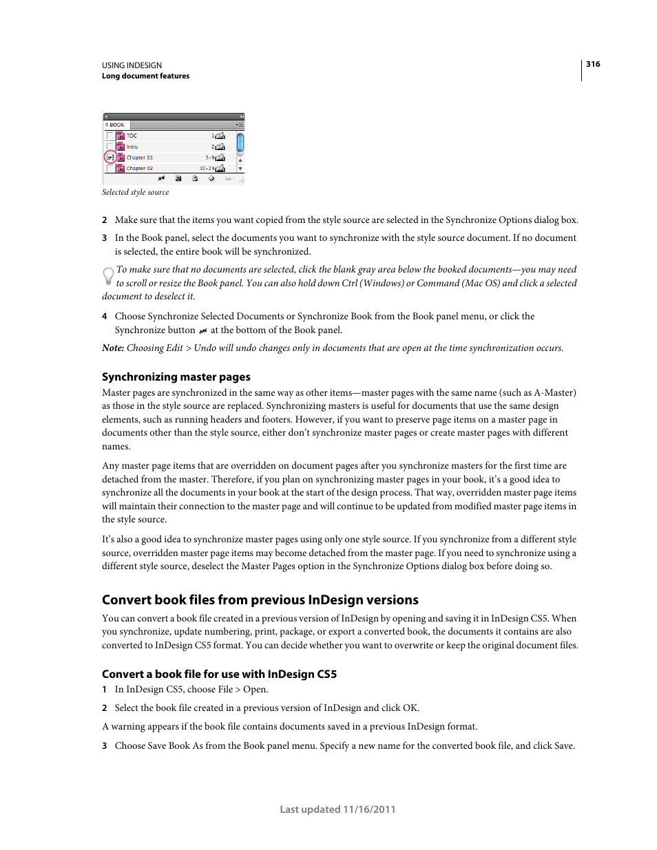 Convert book files from previous indesign versions, Convert a book file for use with indesign cs5 | Adobe InDesign CS5 User Manual | Page 322 / 710