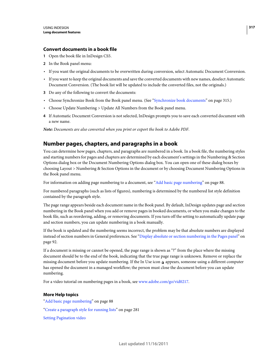 Convert documents in a book file, Number pages, chapters, and paragraphs in a book | Adobe InDesign CS5 User Manual | Page 323 / 710