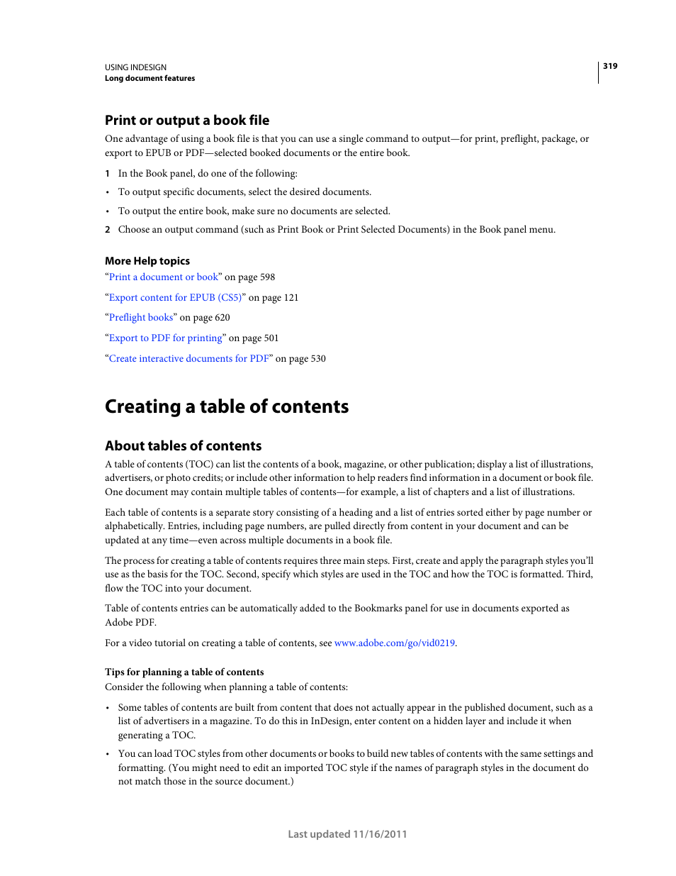 Print or output a book file, Creating a table of contents, About tables of contents | Adobe InDesign CS5 User Manual | Page 325 / 710