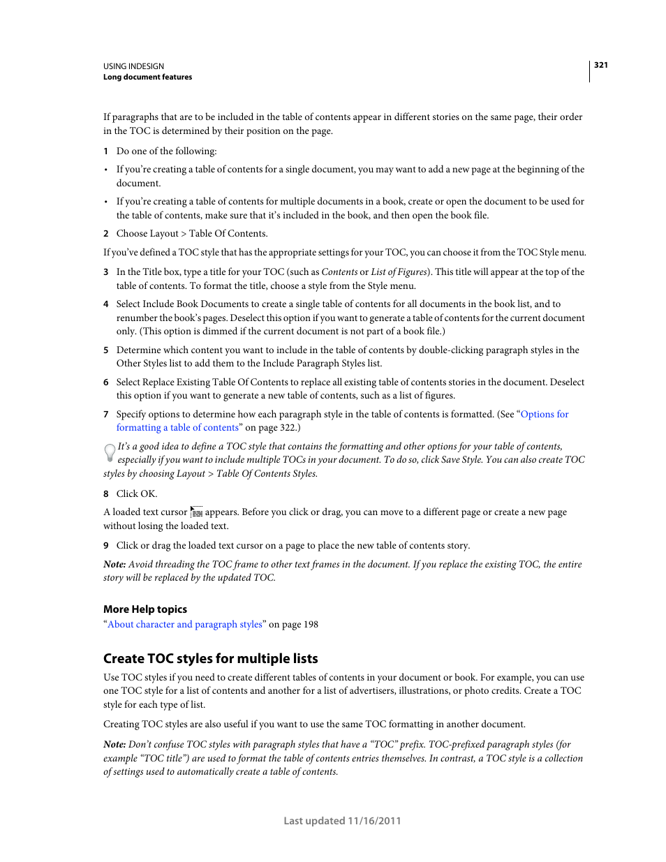 Create toc styles for multiple lists, Creating table of contents styles. (see | Adobe InDesign CS5 User Manual | Page 327 / 710