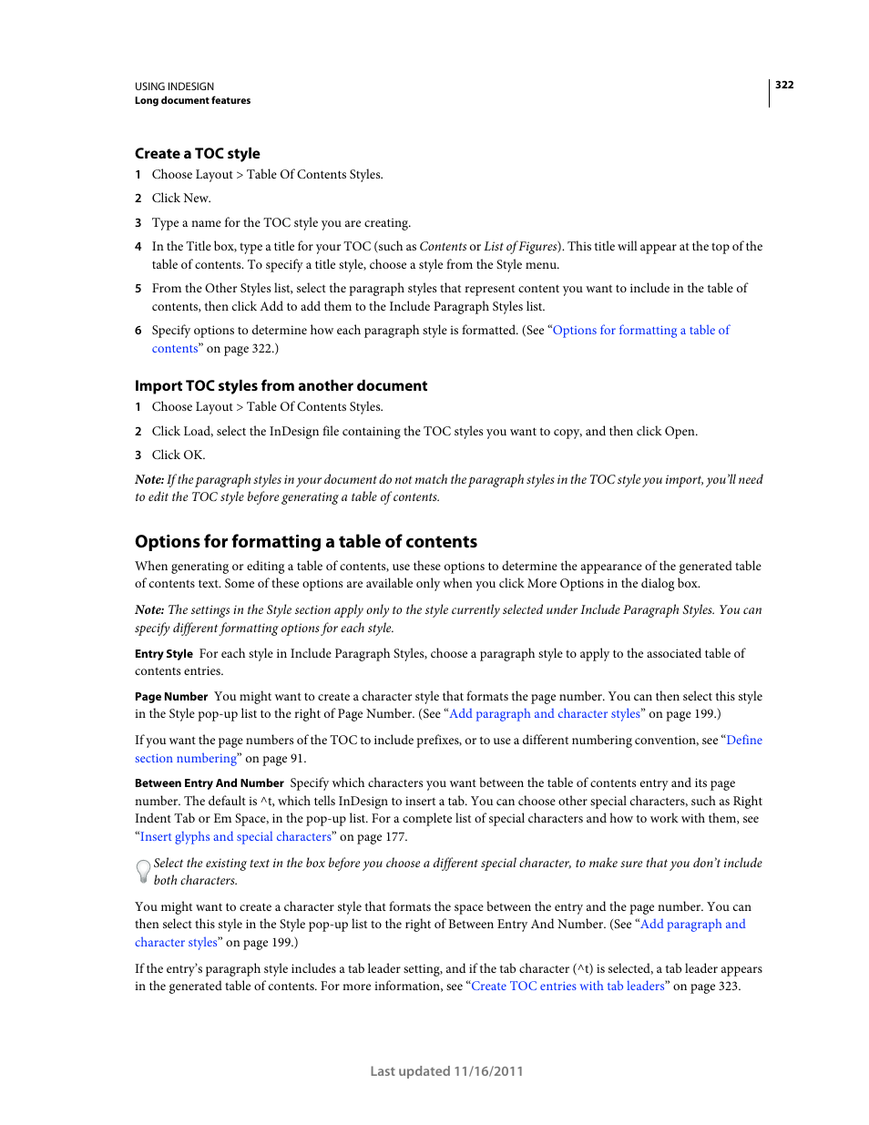 Create a toc style, Import toc styles from another document, Options for formatting a table of contents | Options for, Formatting a table of contents | Adobe InDesign CS5 User Manual | Page 328 / 710