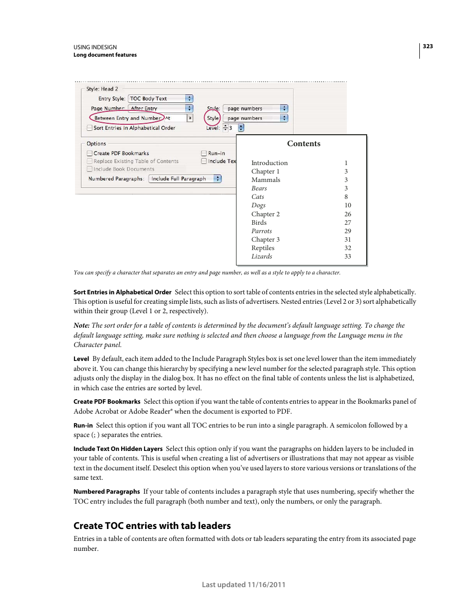 Create toc entries with tab leaders | Adobe InDesign CS5 User Manual | Page 329 / 710