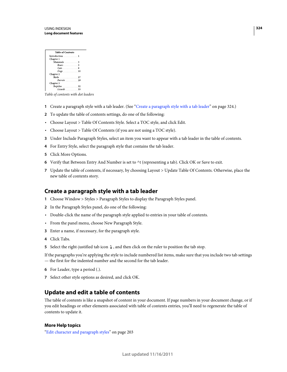 Create a paragraph style with a tab leader, Update and edit a table of contents | Adobe InDesign CS5 User Manual | Page 330 / 710