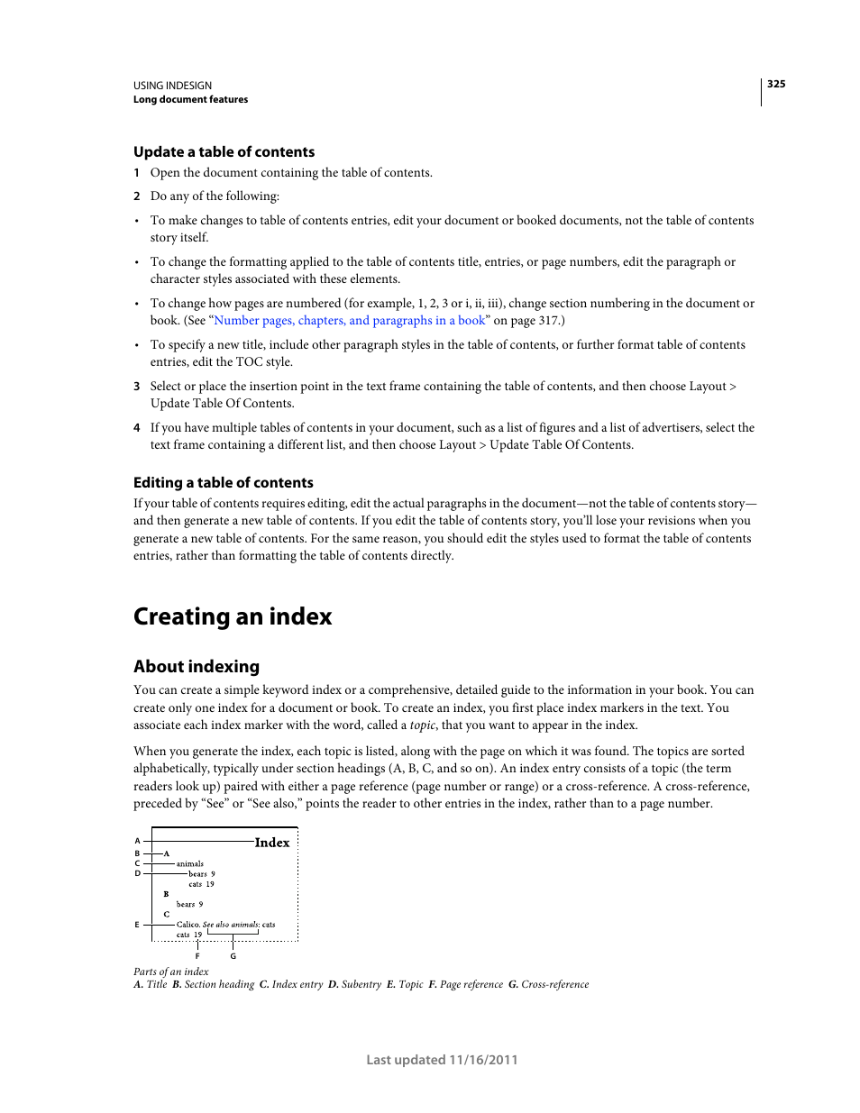 Update a table of contents, Editing a table of contents, Creating an index | About indexing | Adobe InDesign CS5 User Manual | Page 331 / 710