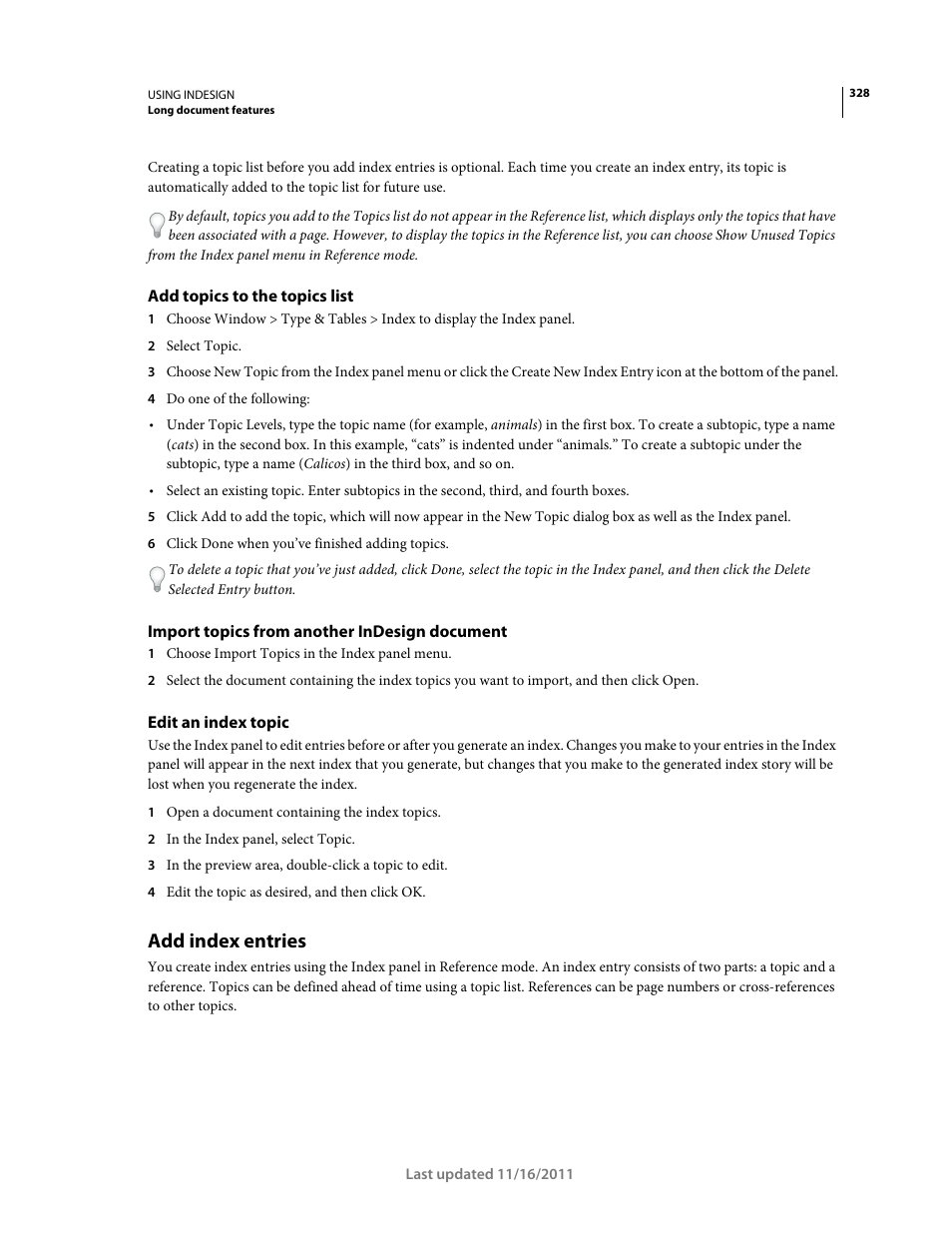 Add topics to the topics list, Import topics from another indesign document, Edit an index topic | Add index entries | Adobe InDesign CS5 User Manual | Page 334 / 710