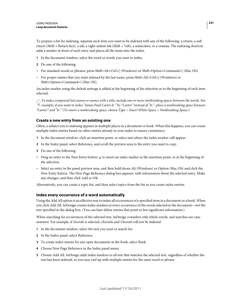 Create a new entry from an existing one, Index every occurrence of a word automatically | Adobe InDesign CS5 User Manual | Page 337 / 710