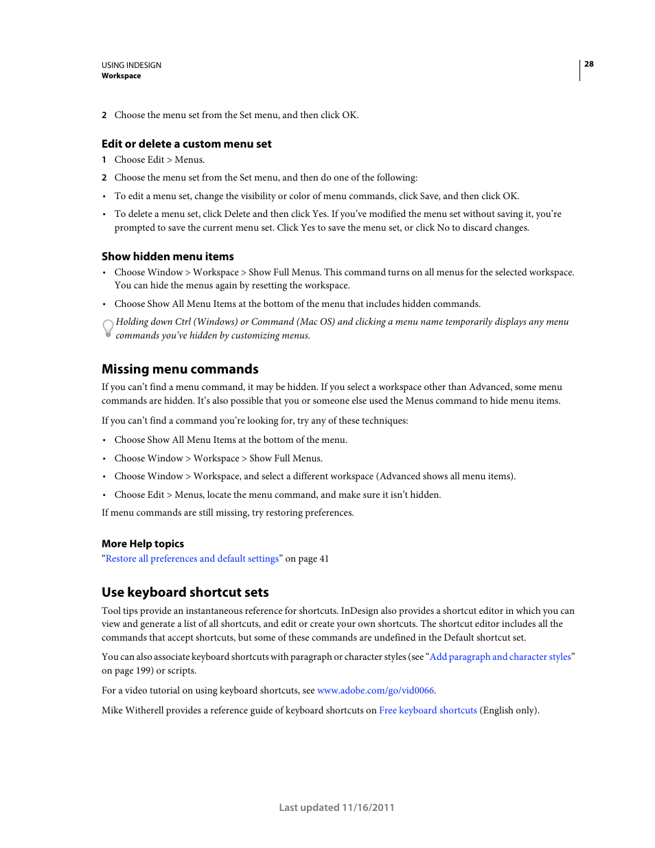 Edit or delete a custom menu set, Show hidden menu items, Missing menu commands | Use keyboard shortcut sets | Adobe InDesign CS5 User Manual | Page 34 / 710