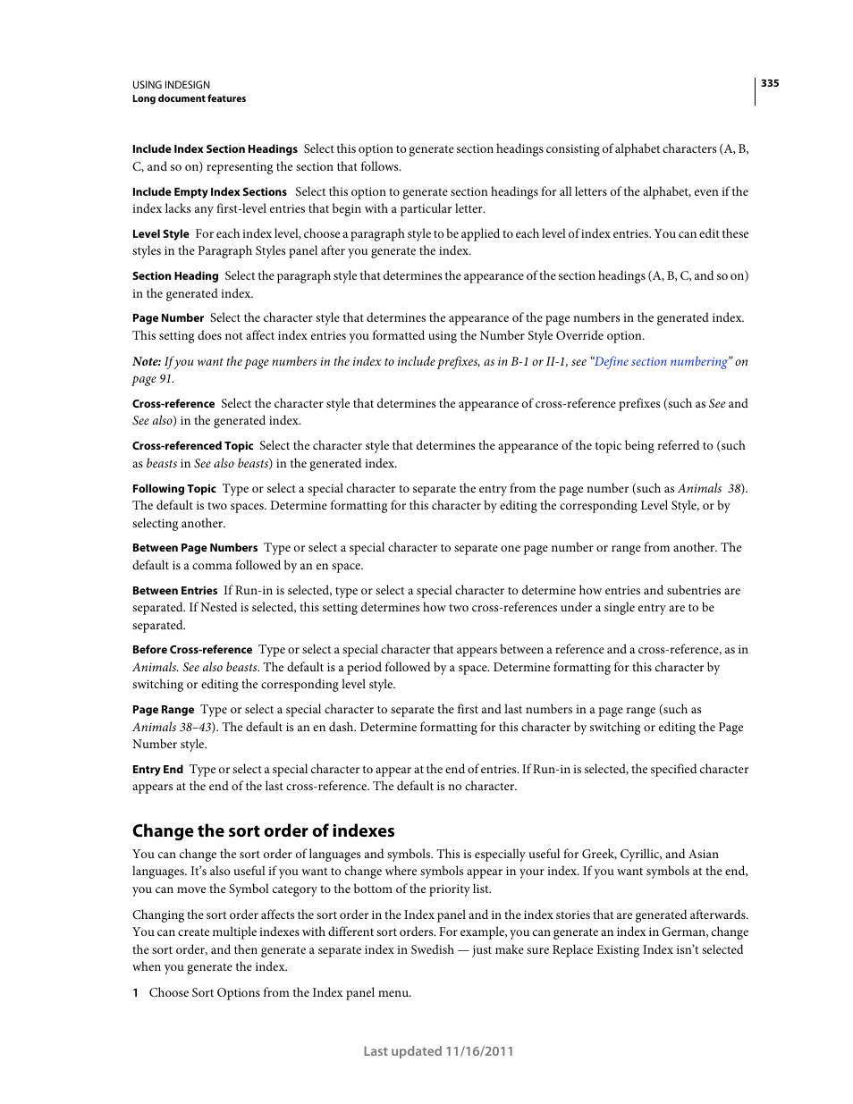 Change the sort order of indexes, Characters. (see | Adobe InDesign CS5 User Manual | Page 341 / 710