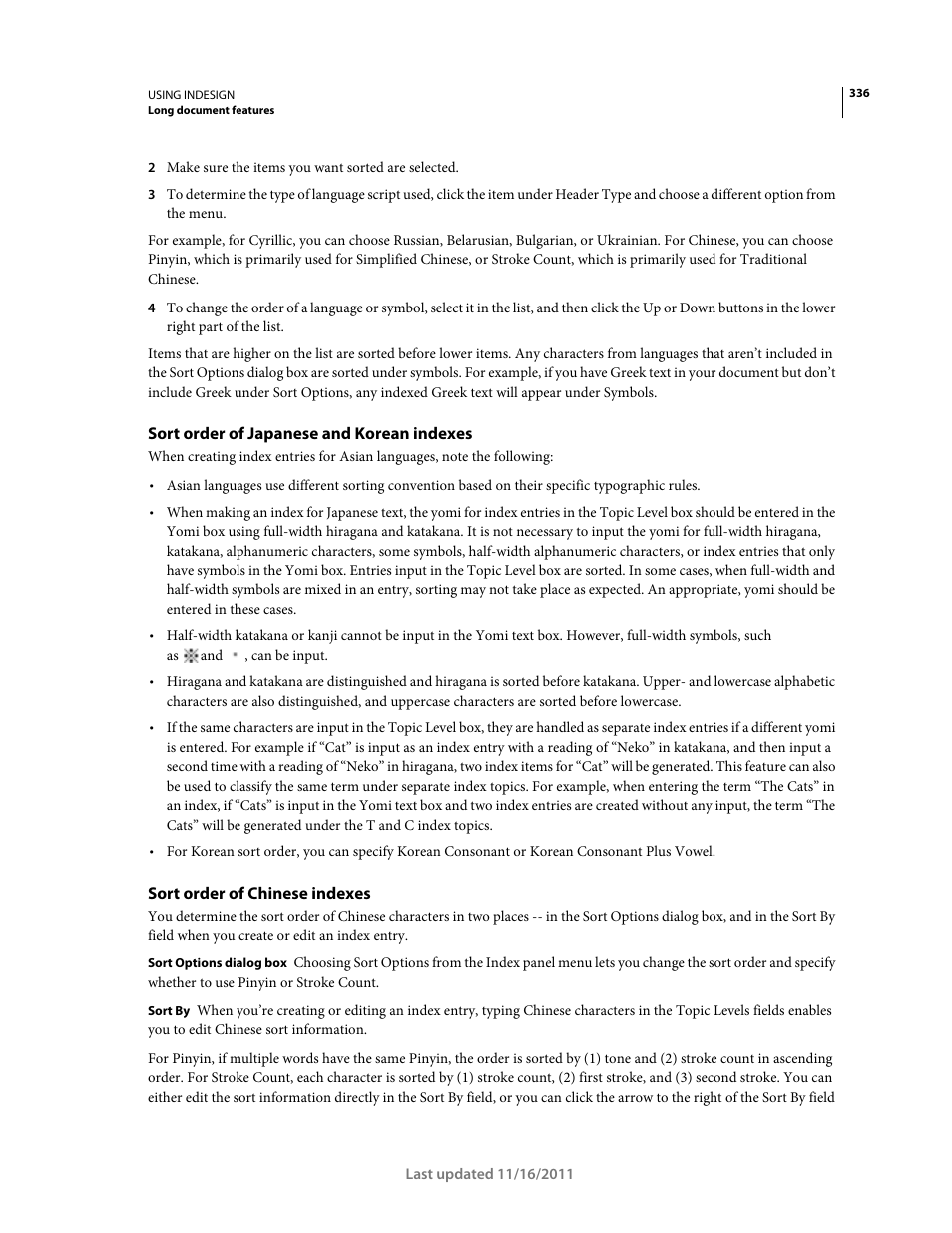 Sort order of japanese and korean indexes, Sort order of chinese indexes | Adobe InDesign CS5 User Manual | Page 342 / 710