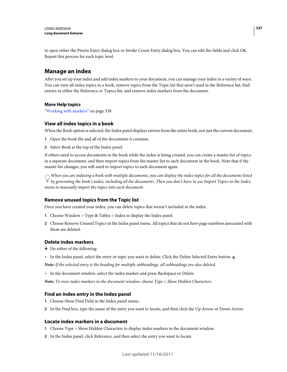 Manage an index, View all index topics in a book, Remove unused topics from the topic list | Delete index markers, Find an index entry in the index panel, Locate index markers in a document | Adobe InDesign CS5 User Manual | Page 343 / 710