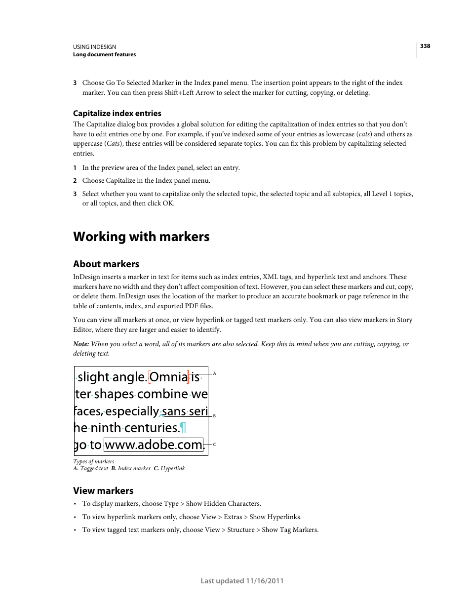 Capitalize index entries, Working with markers, About markers | View markers | Adobe InDesign CS5 User Manual | Page 344 / 710