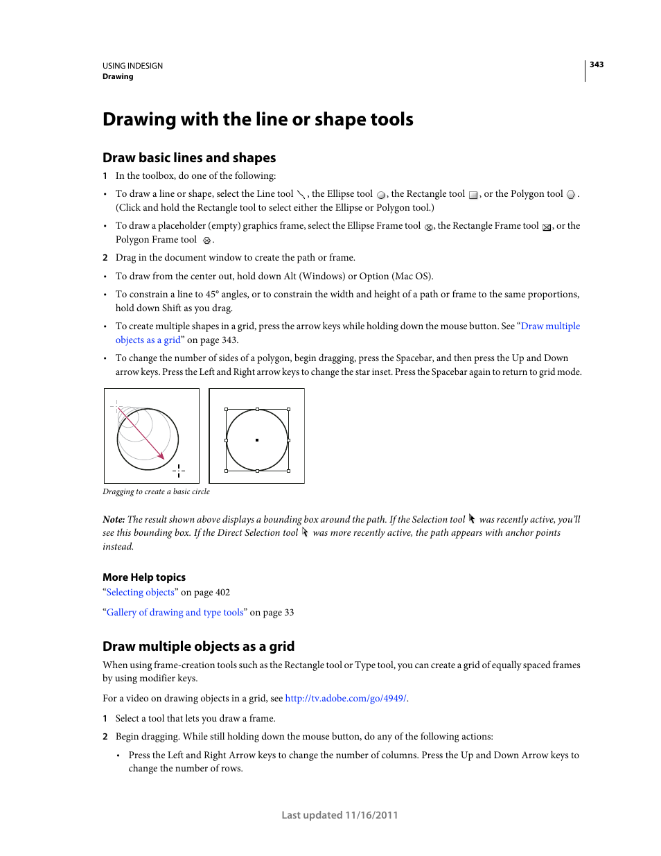 Drawing with the line or shape tools, Draw basic lines and shapes, Draw multiple objects as a grid | Frames. see | Adobe InDesign CS5 User Manual | Page 349 / 710