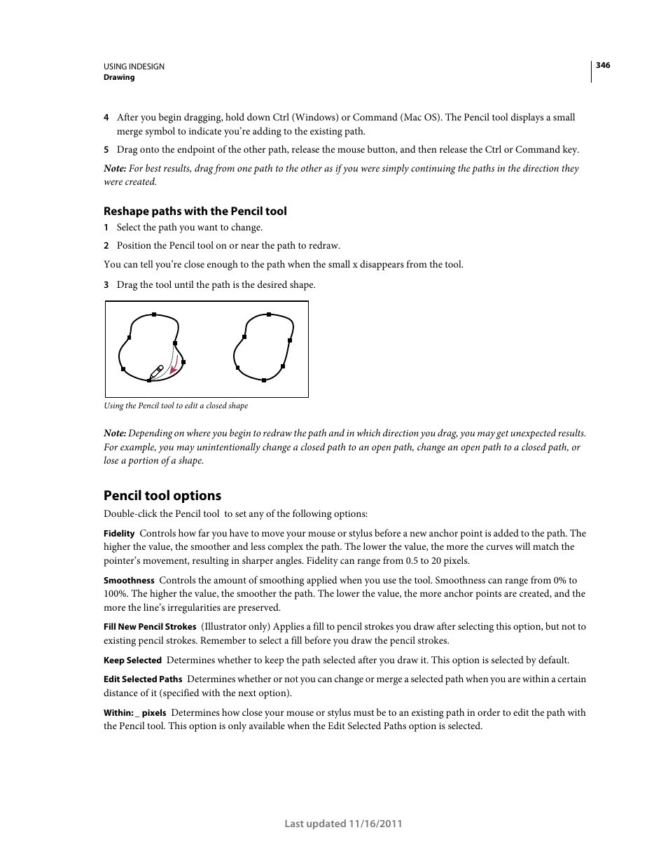 Reshape paths with the pencil tool, Pencil tool options | Adobe InDesign CS5 User Manual | Page 352 / 710