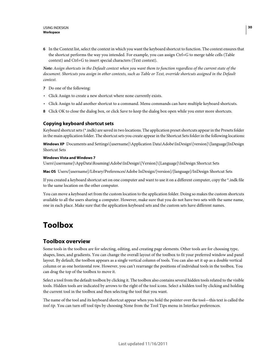 Copying keyboard shortcut sets, Toolbox, Toolbox overview | Adobe InDesign CS5 User Manual | Page 36 / 710