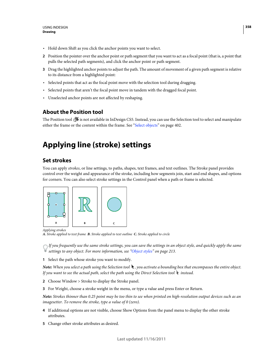 About the position tool, Applying line (stroke) settings, Set strokes | Adobe InDesign CS5 User Manual | Page 364 / 710