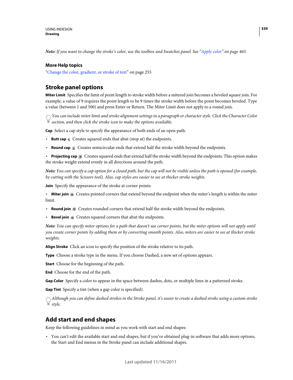 Stroke panel options, Add start and end shapes | Adobe InDesign CS5 User Manual | Page 365 / 710