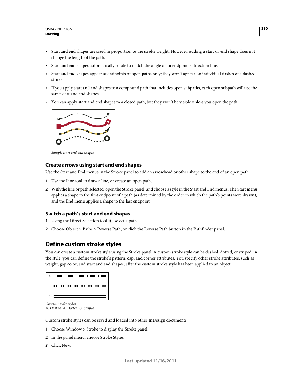 Create arrows using start and end shapes, Switch a path’s start and end shapes, Define custom stroke styles | Adobe InDesign CS5 User Manual | Page 366 / 710