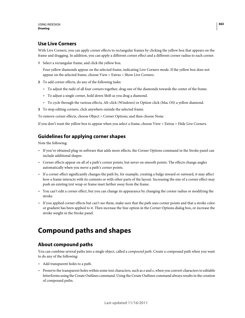 Use live corners, Guidelines for applying corner shapes, Compound paths and shapes | About compound paths | Adobe InDesign CS5 User Manual | Page 369 / 710