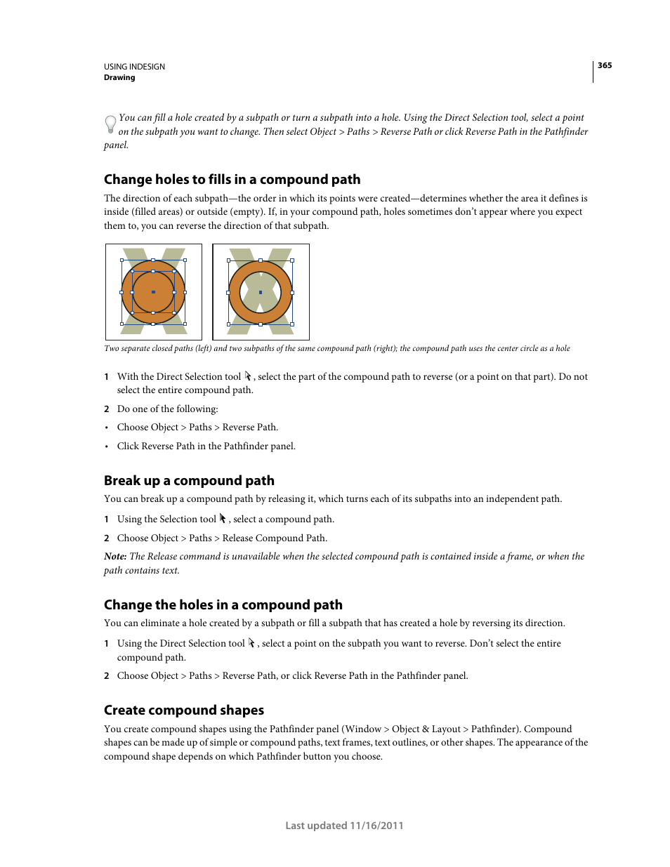 Change holes to fills in a compound path, Break up a compound path, Change the holes in a compound path | Create compound shapes | Adobe InDesign CS5 User Manual | Page 371 / 710