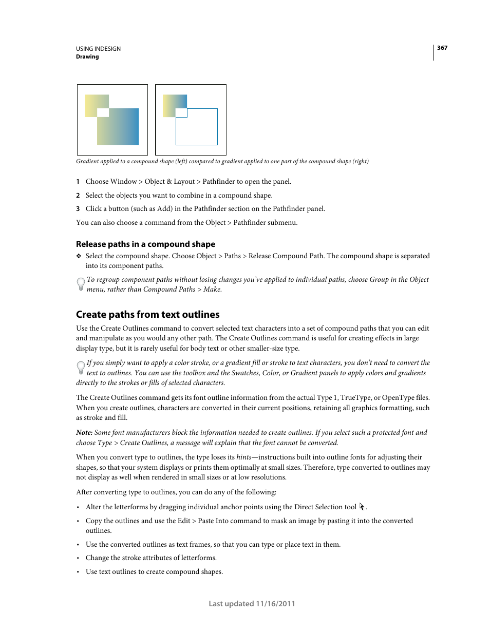 Release paths in a compound shape, Create paths from text outlines | Adobe InDesign CS5 User Manual | Page 373 / 710