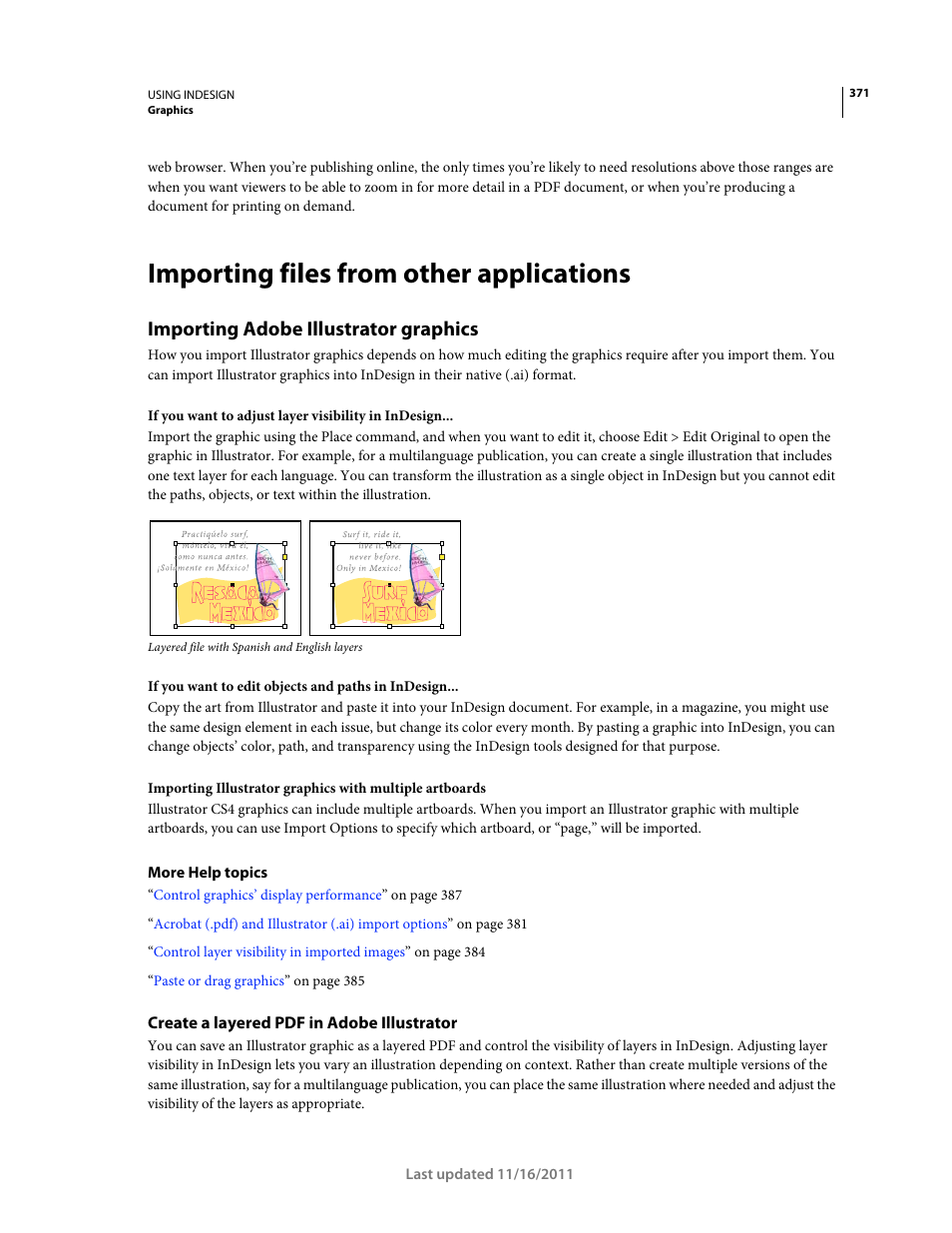 Importing files from other applications, Importing adobe illustrator graphics, Create a layered pdf in adobe illustrator | Adobe InDesign CS5 User Manual | Page 377 / 710