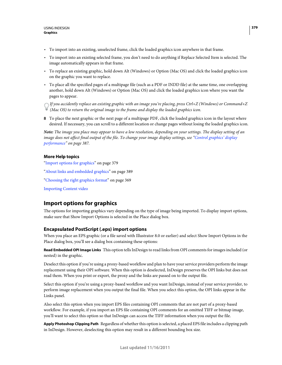 Import options for graphics, Encapsulated postscript (.eps) import options | Adobe InDesign CS5 User Manual | Page 385 / 710