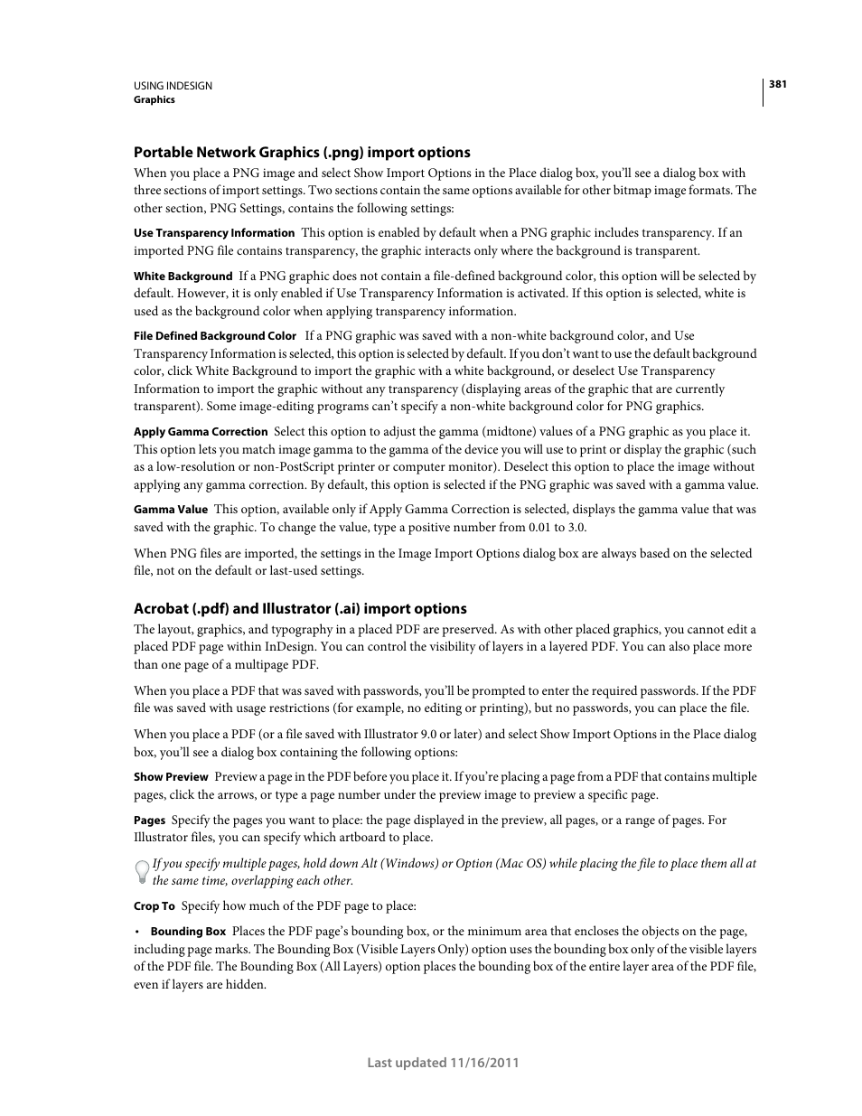 Portable network graphics (.png) import options, Acrobat (.pdf) and, Illustrator (.ai) import options | Adobe InDesign CS5 User Manual | Page 387 / 710