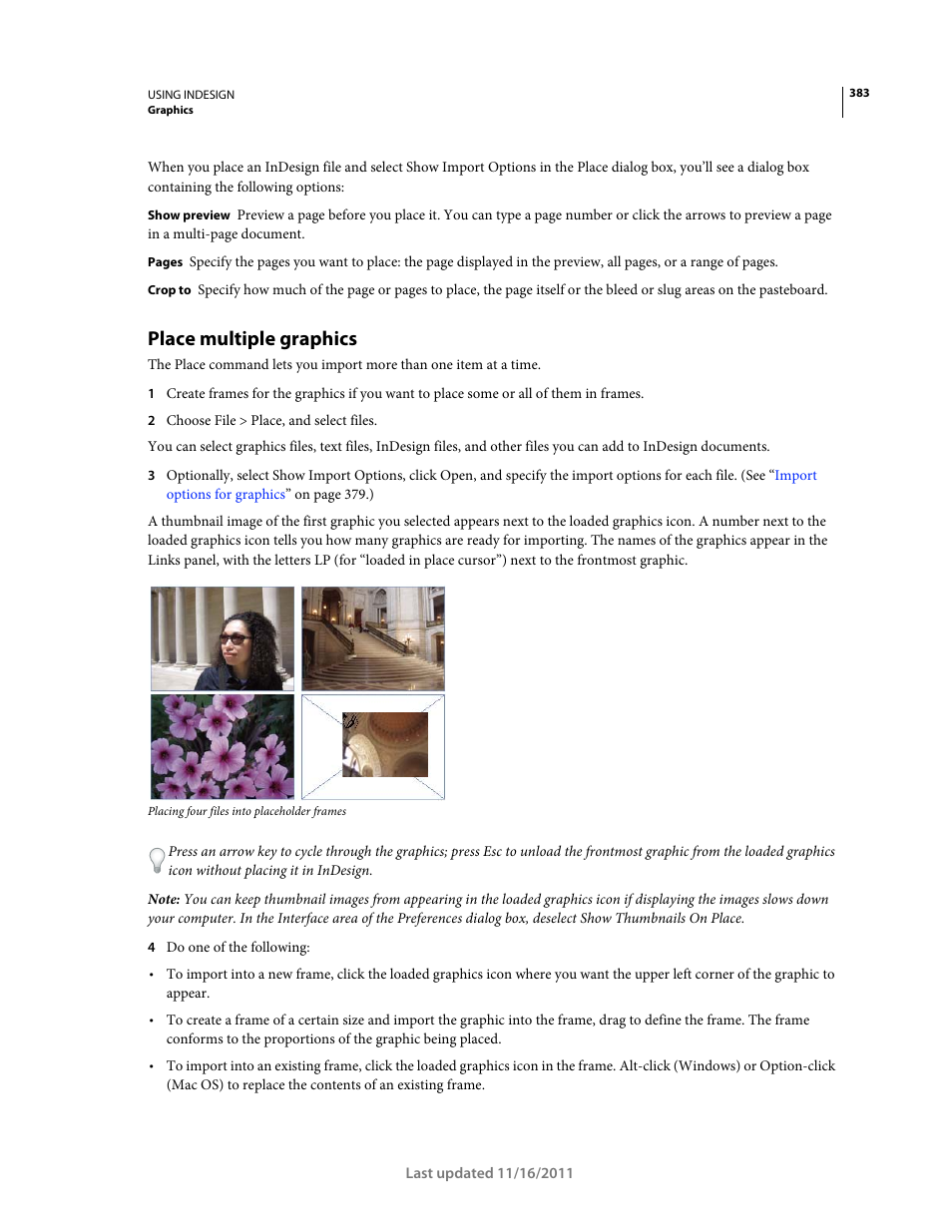Place multiple graphics, Place, Multiple graphics | Adobe InDesign CS5 User Manual | Page 389 / 710