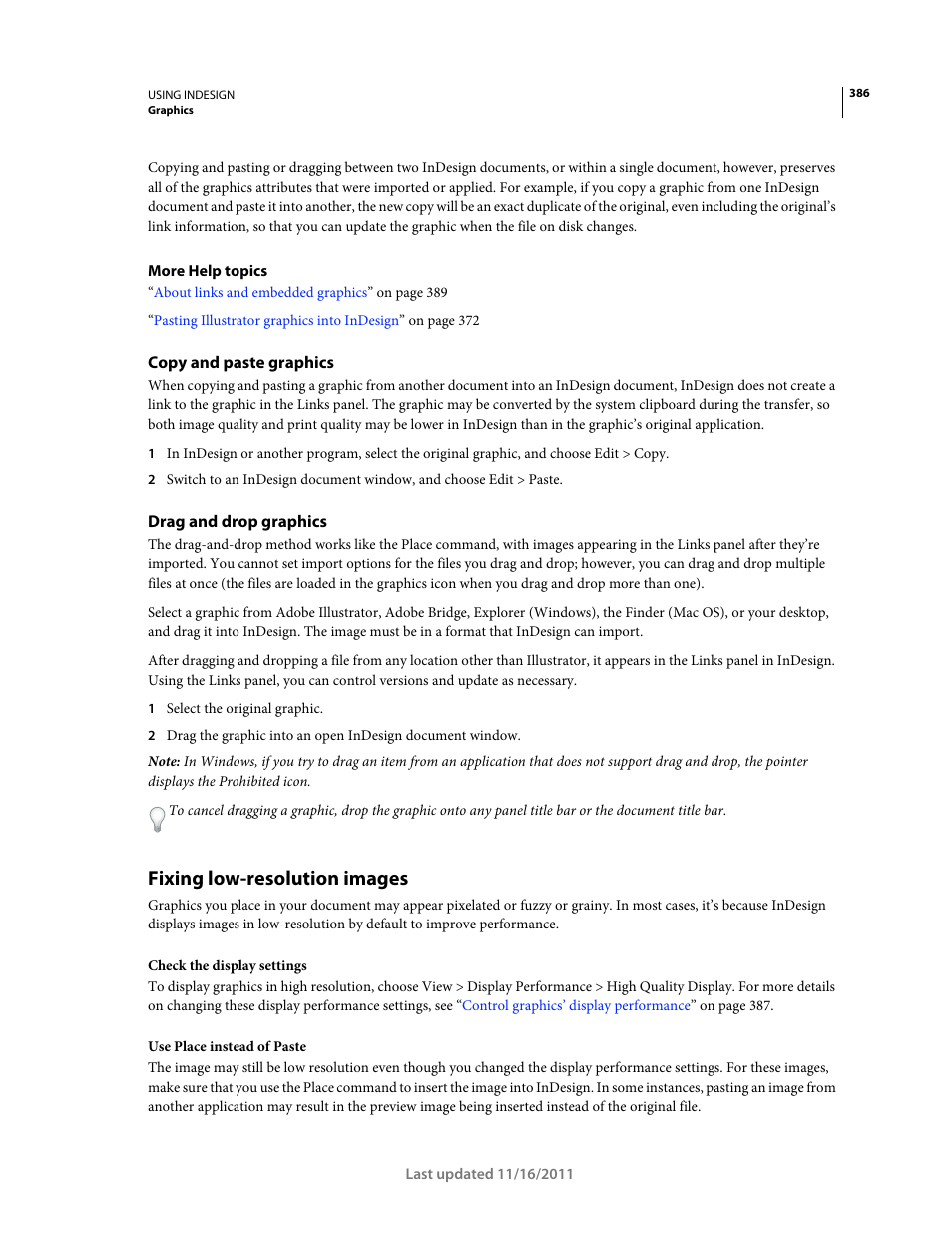 Copy and paste graphics, Drag and drop graphics, Fixing low-resolution images | Adobe InDesign CS5 User Manual | Page 392 / 710