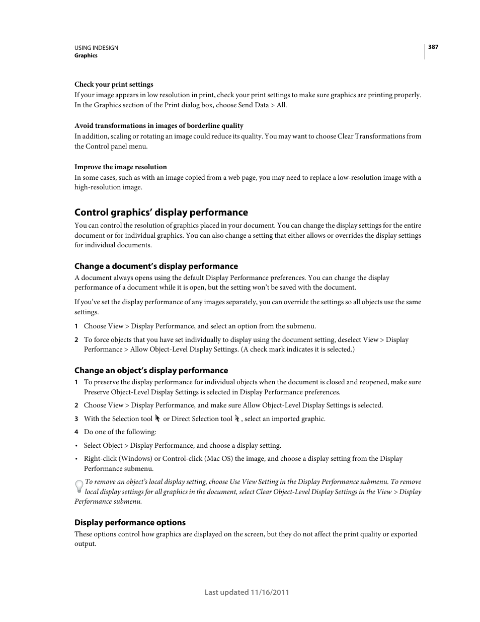 Control graphics’ display performance, Change a document’s display performance, Change an object’s display performance | Display performance options, Control graphics’ display, Performance | Adobe InDesign CS5 User Manual | Page 393 / 710