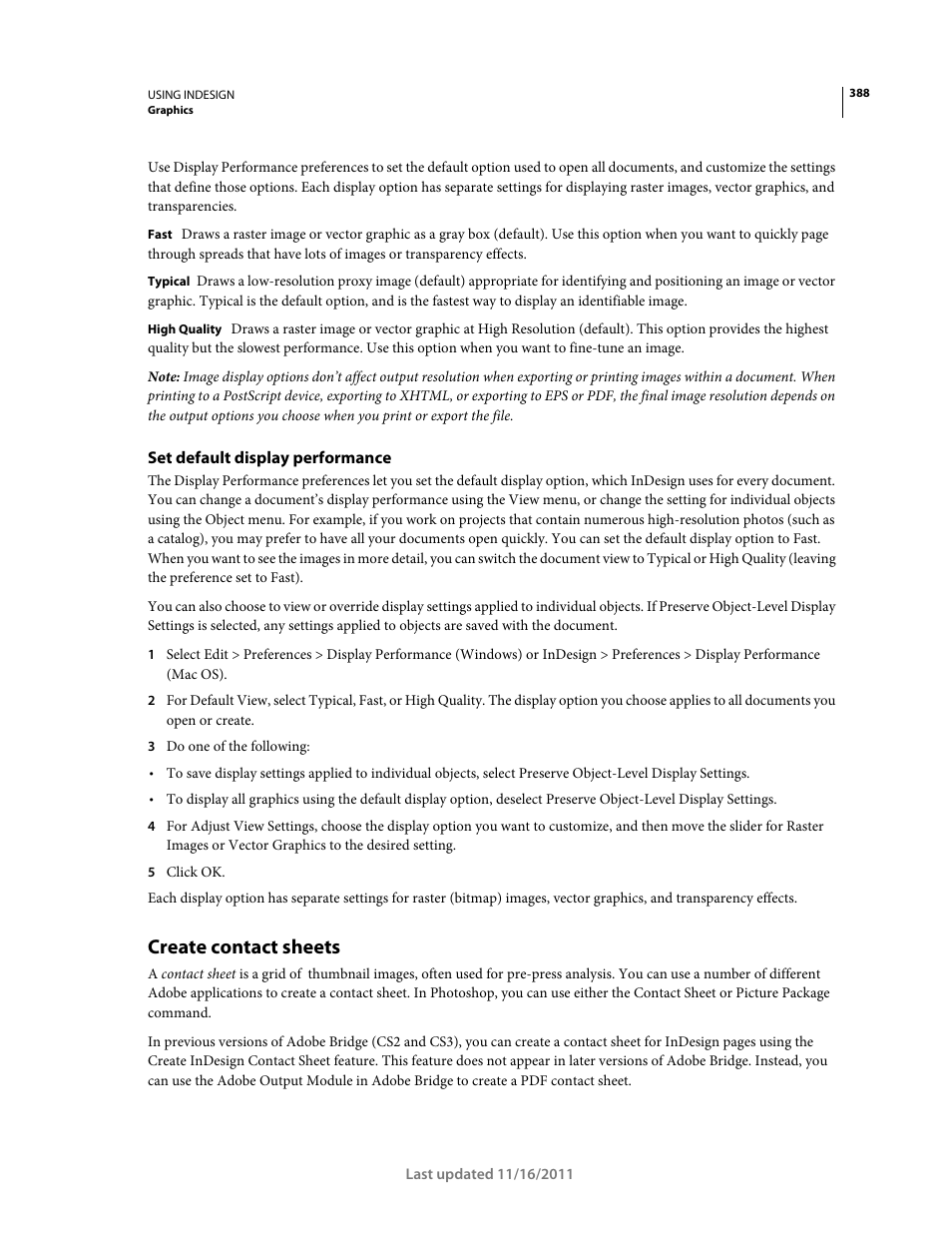 Set default display performance, Create contact sheets | Adobe InDesign CS5 User Manual | Page 394 / 710